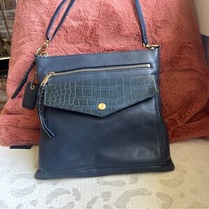 Clarks Navy Leather Crossbody with Croc-Textured Flap, Gold Hardware